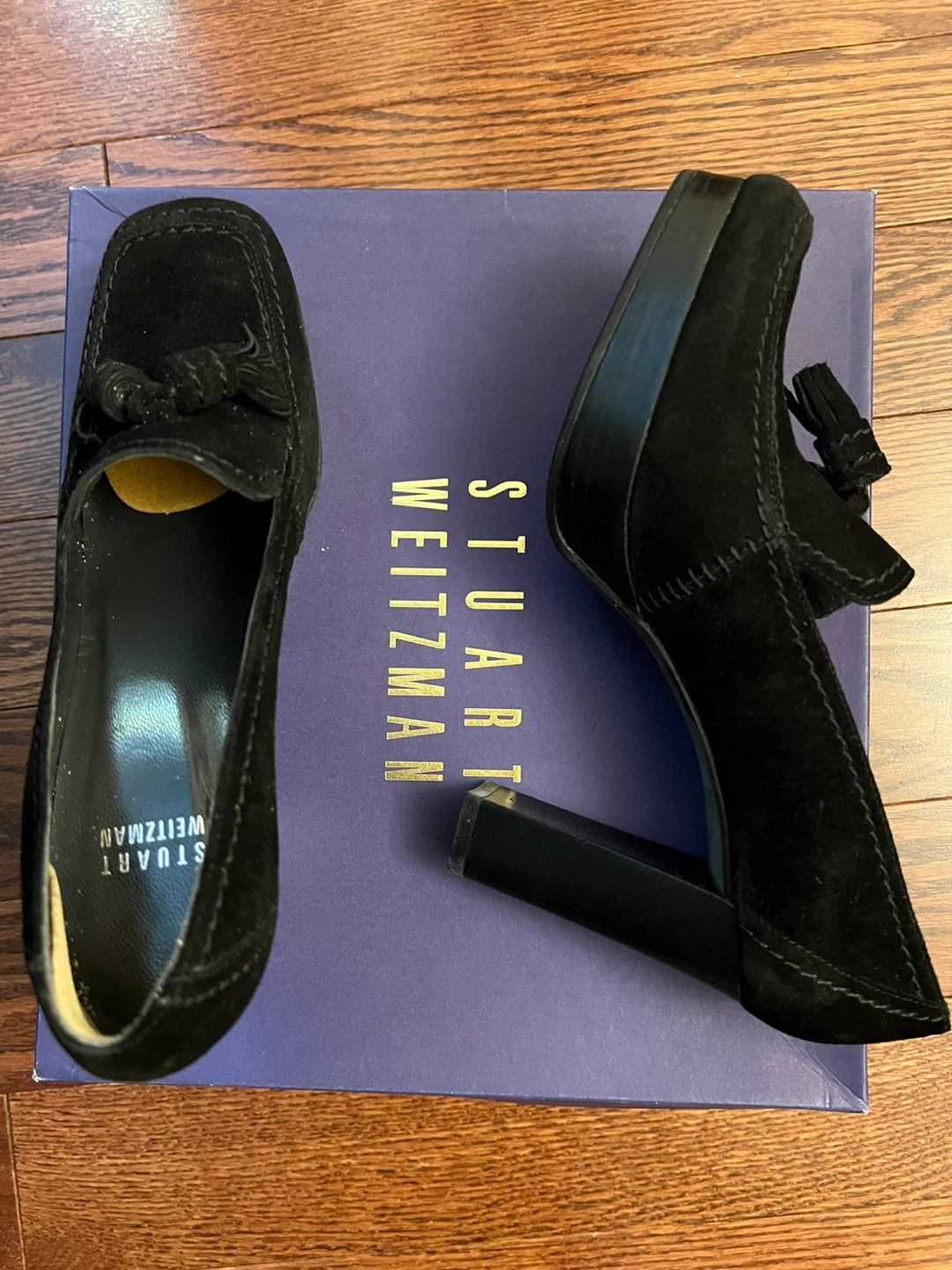 Stuart Weitzman Black Suede Tassel Loafer Heels