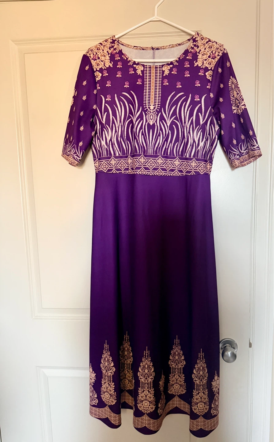 Purple Maxi Dress with Gold Print