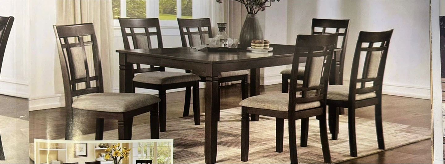 Dark Wood Dining Set with 6 Upholstered Chairs