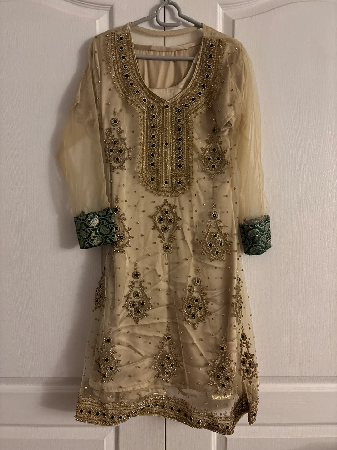 Embellished Gold and Green Pakistani 3 piece suit
