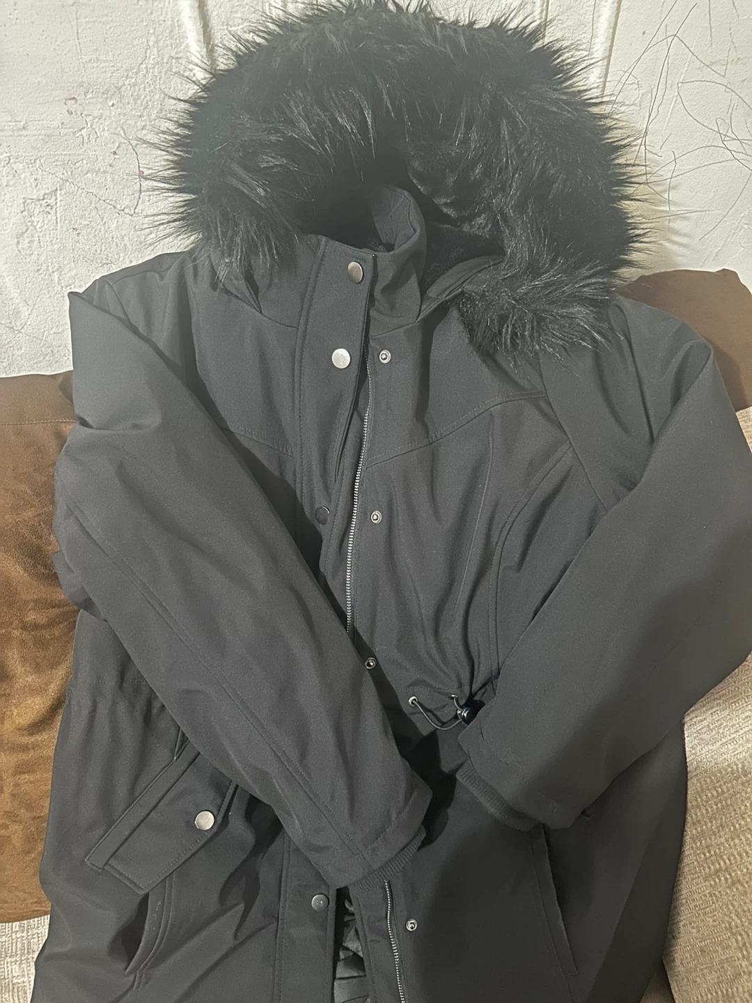 Time and Tru Women's Black Faux Fur Trim Hooded Parka Coat