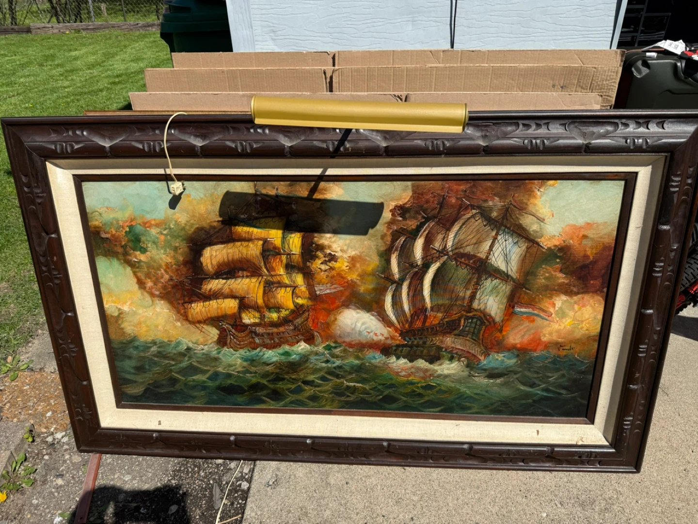 Vintage Seascape Ship Battle Oil Painting