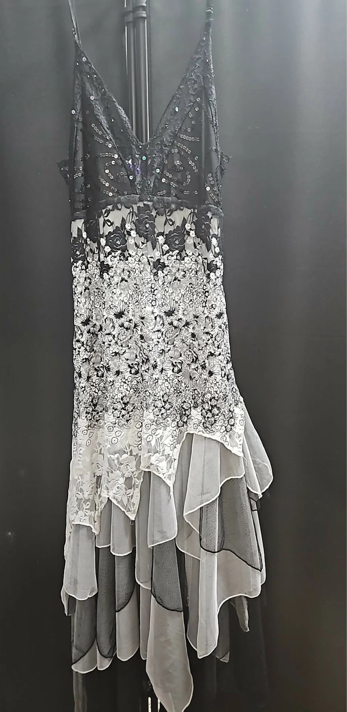 Black and White Sequin Lace Tiered Dress