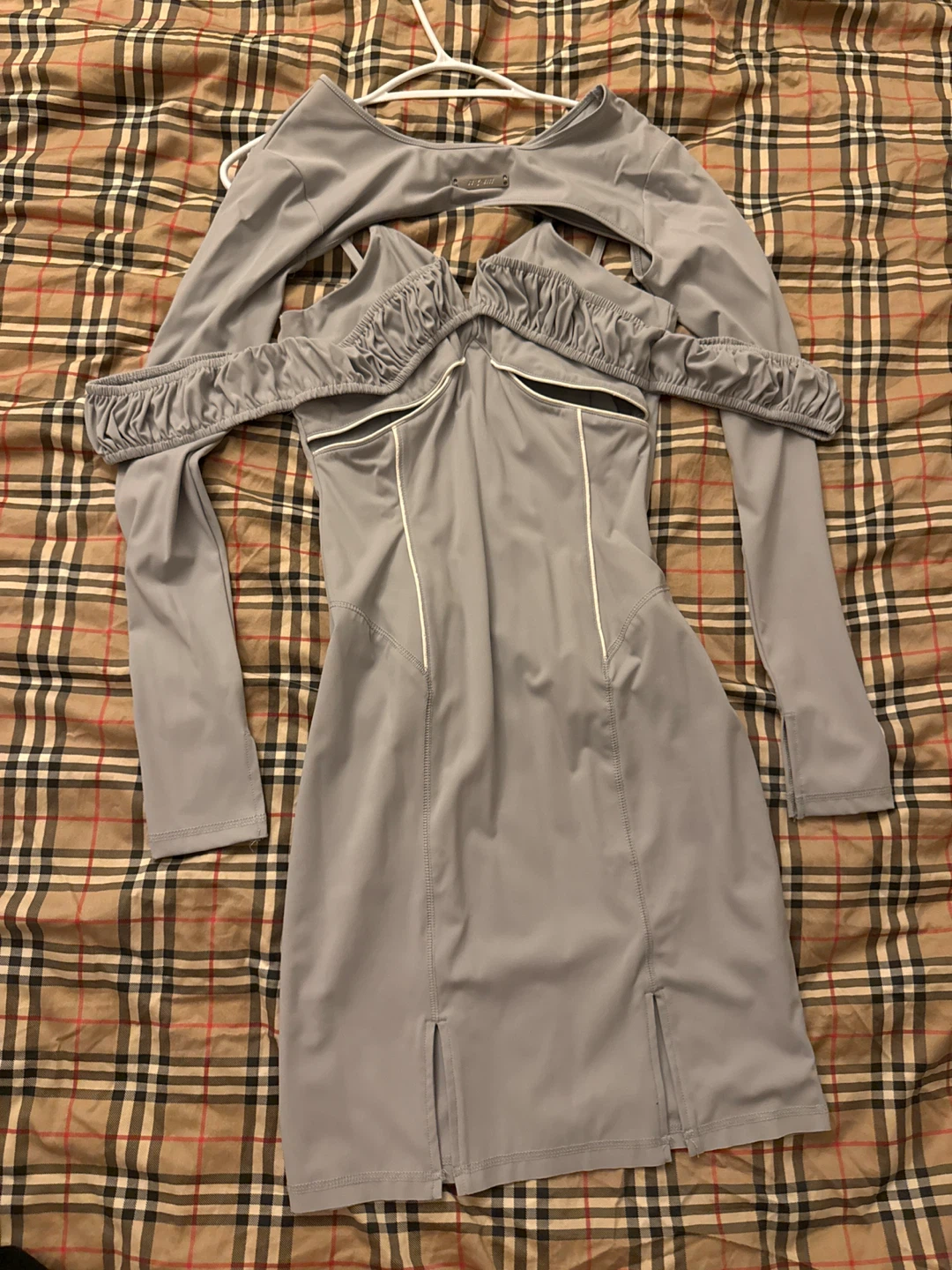 Designer ASPM Grey Cold Shoulder Ruched Sleeve Dress