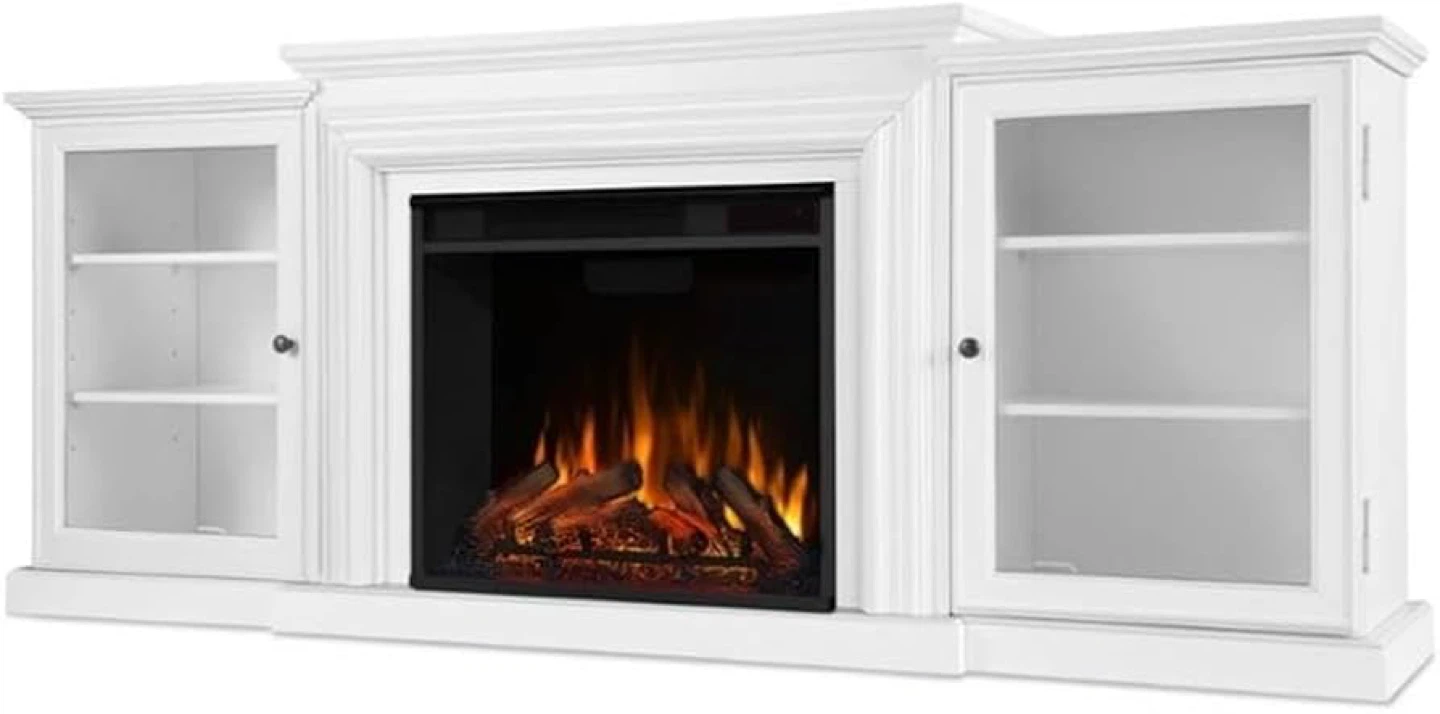 White Electric Fireplace TV Stand with Glass Cabinet Storage - photo 3