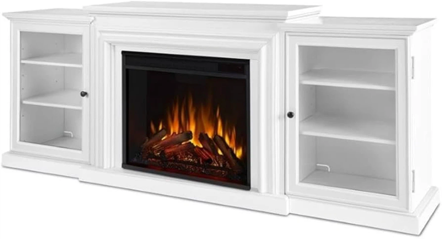 White Electric Fireplace TV Stand with Glass Cabinet Storage - photo 2