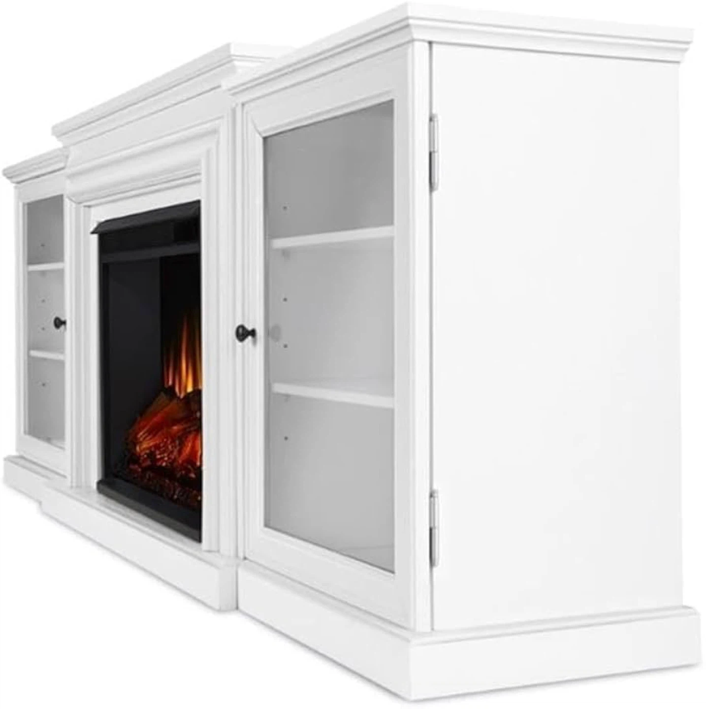 White Electric Fireplace TV Stand with Glass Cabinet Storage - photo 4