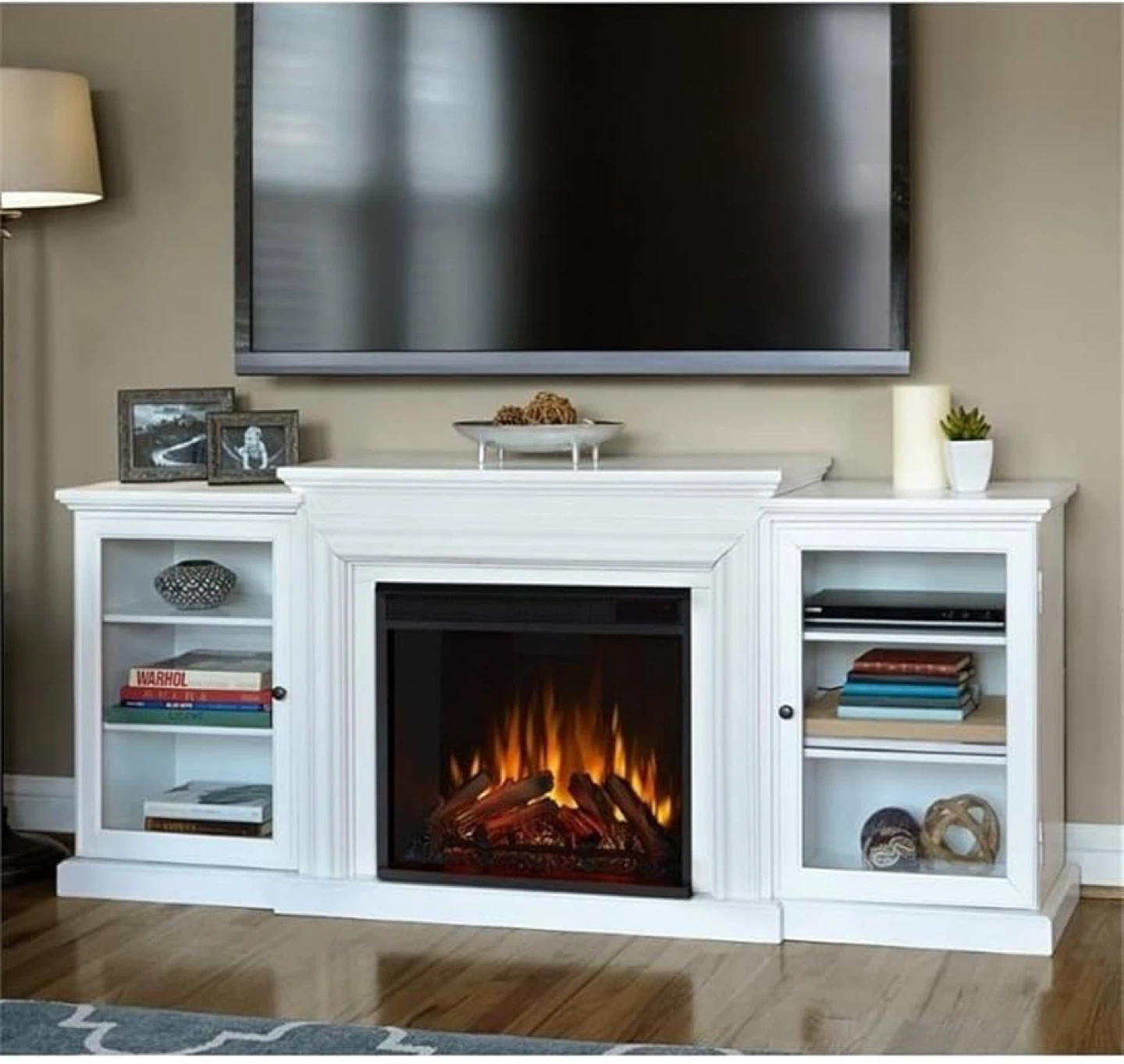 White Electric Fireplace TV Stand with Glass Cabinet Storage