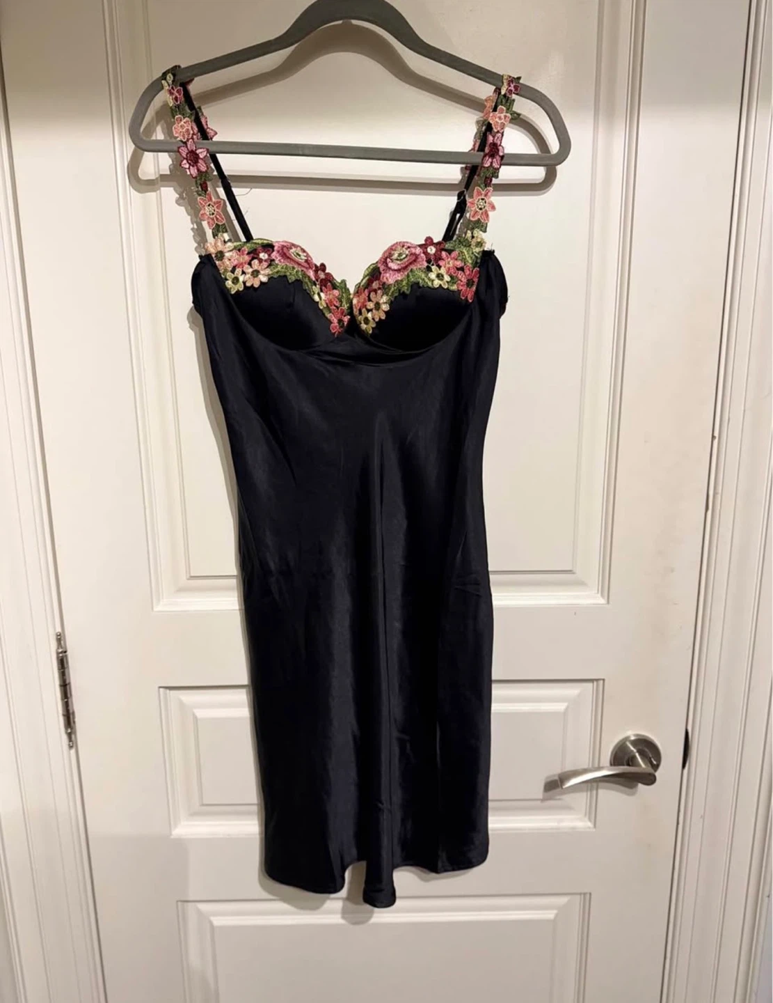 Black Slip Dress with Floral Embroidery