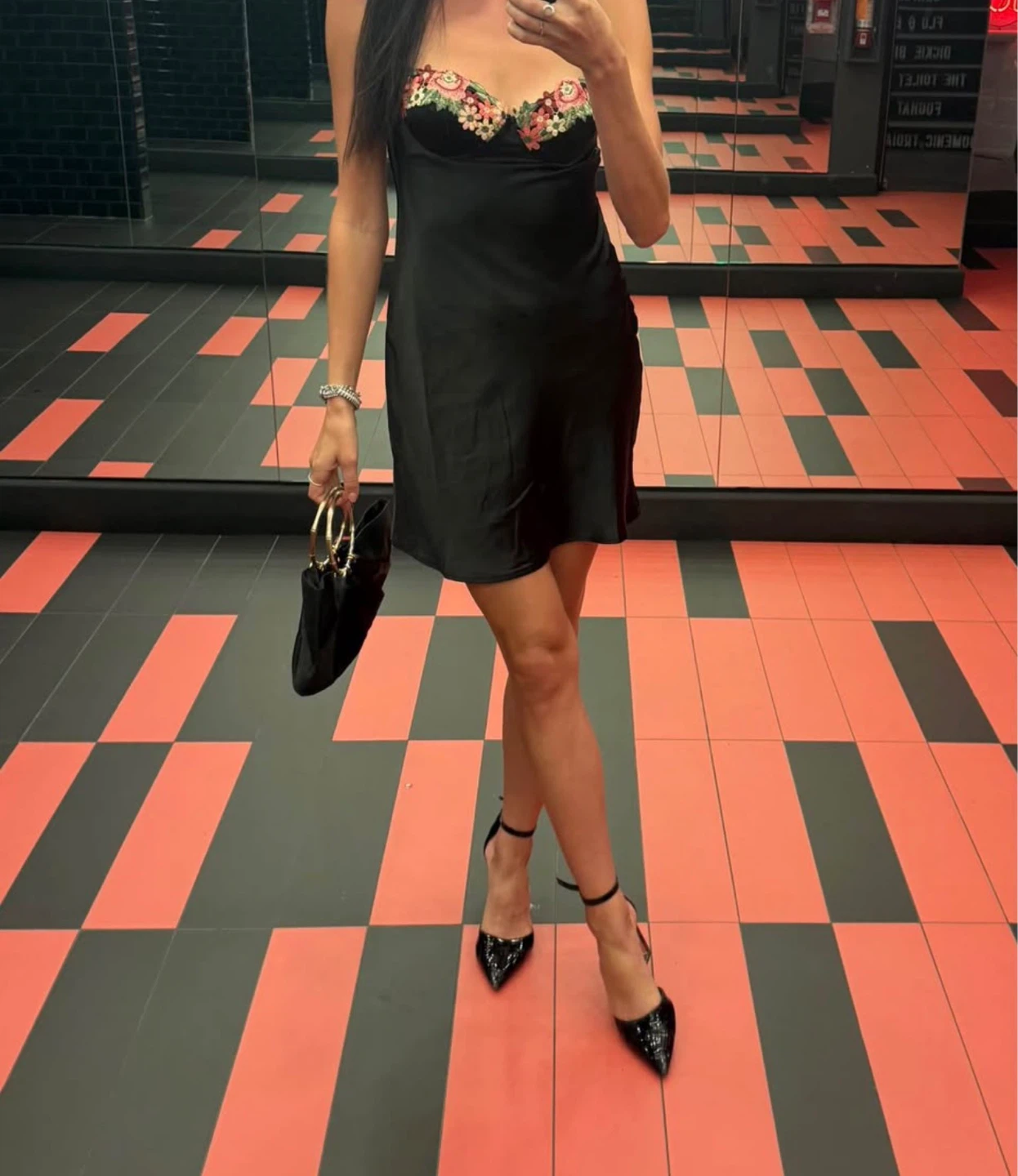 Black Slip Dress with Floral Embroidery - photo 3
