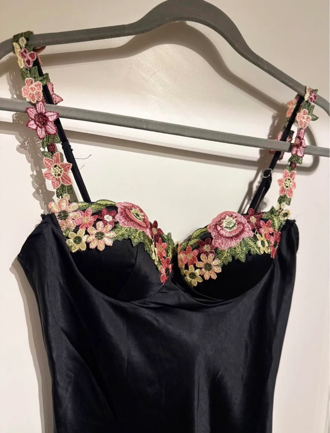 Black Slip Dress with Floral Embroidery - photo 2