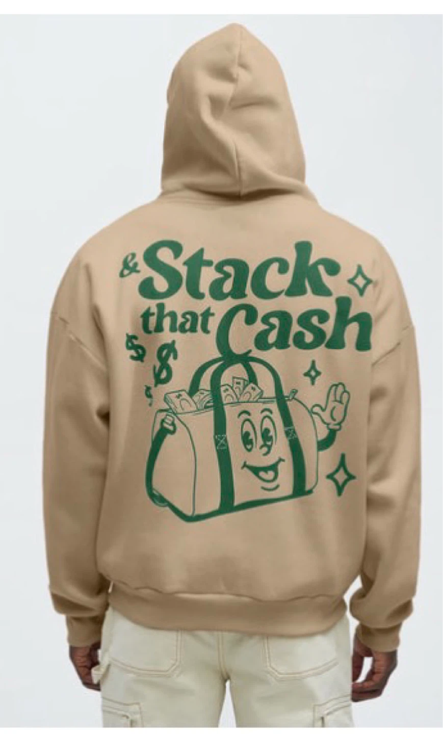 Tan Hoodie with "& Stack that Cash" Graphic