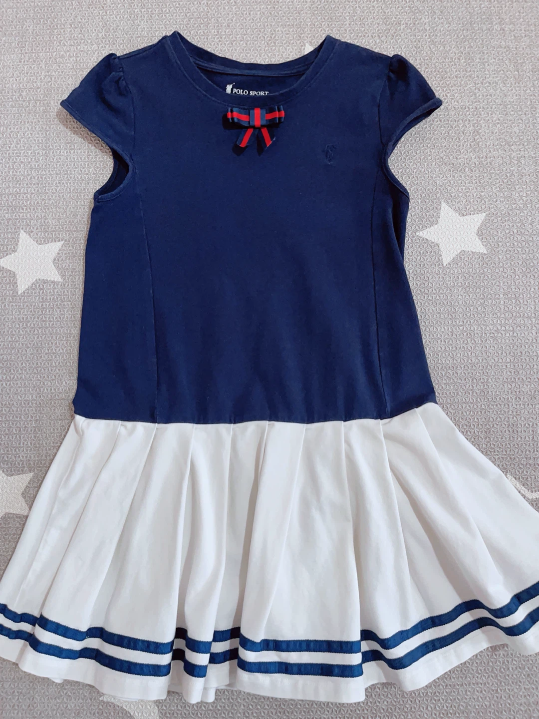 Polo Sport Navy Blue & White Pleated Dress with Bow