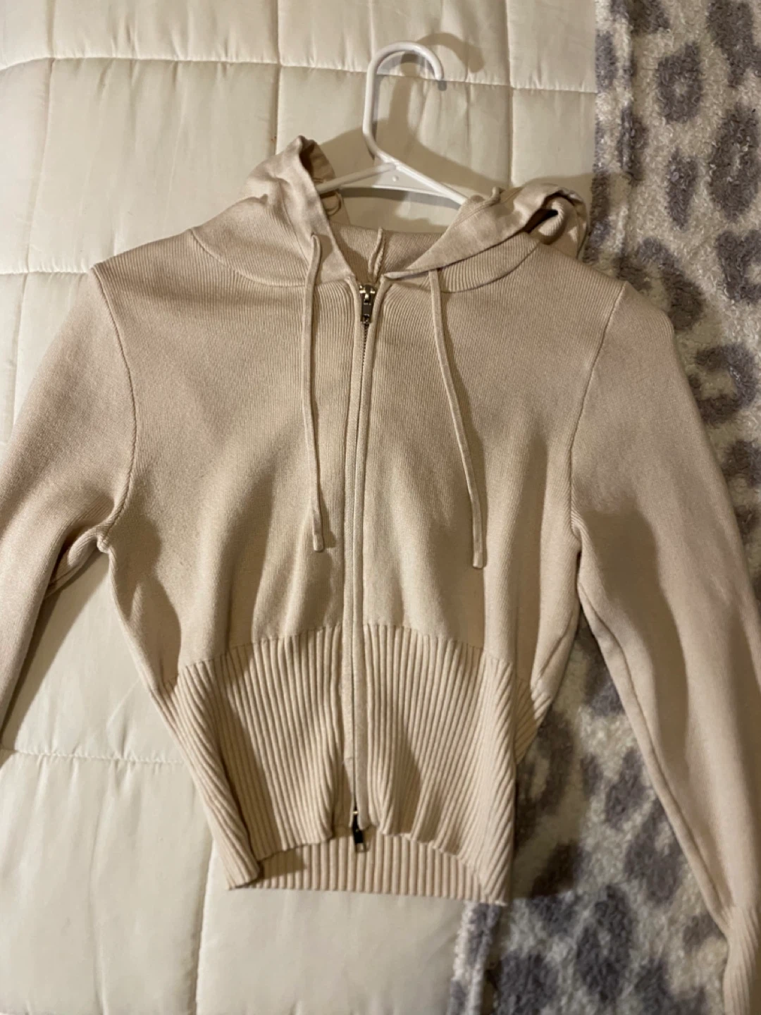 Women's Beige Knit Zip-Up Hoodie