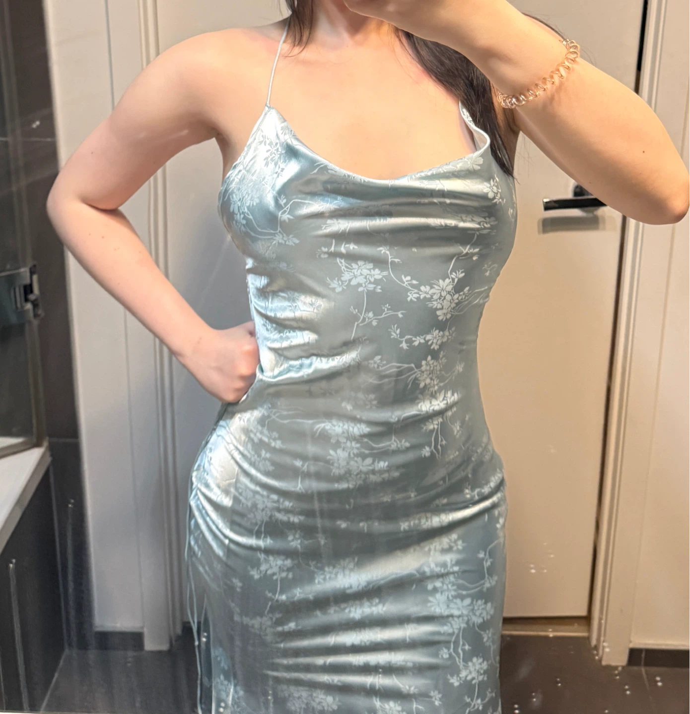 New Light Blue Floral Print Slip Dress