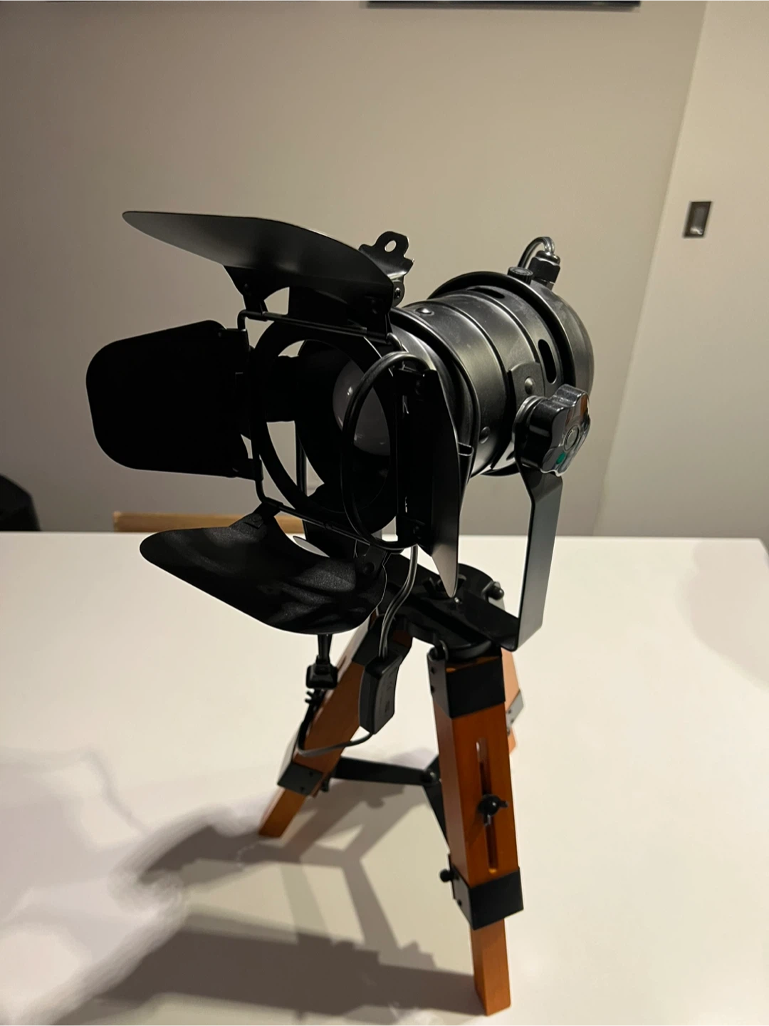 Black Stage Spotlight with Wooden Tripod Stand