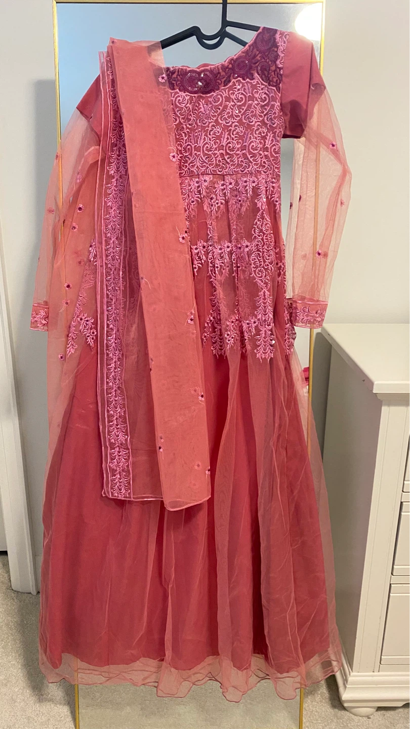 Girls Coral Pink Embroidered Kurti with Dupatta