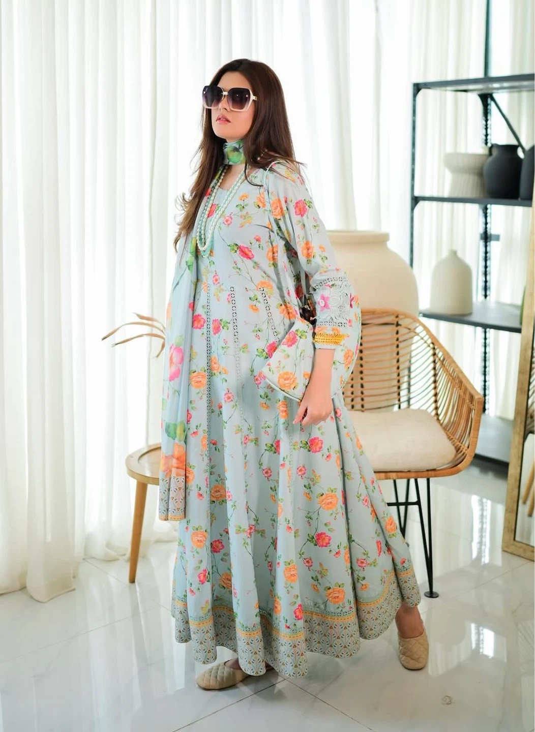 Light Blue Floral Print Dress with Dupatta - photo 2