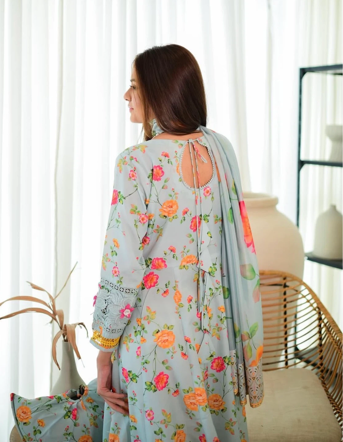 Light Blue Floral Print Dress with Dupatta - photo 3