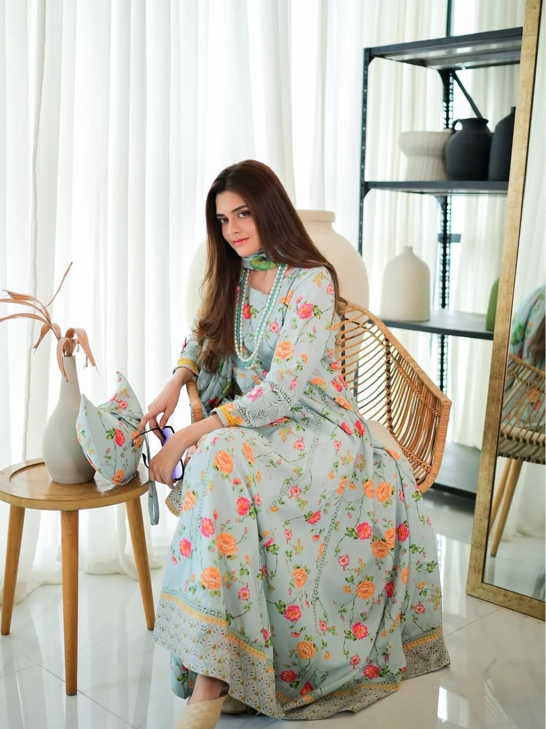 Light Blue Floral Print Dress with Dupatta