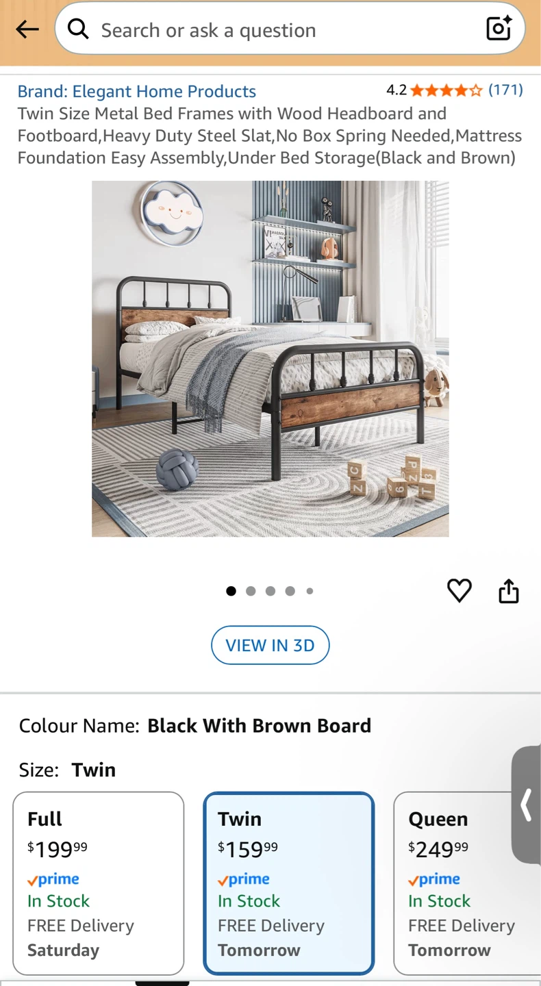 Twin Size Metal Bed Frame - Black/Brown