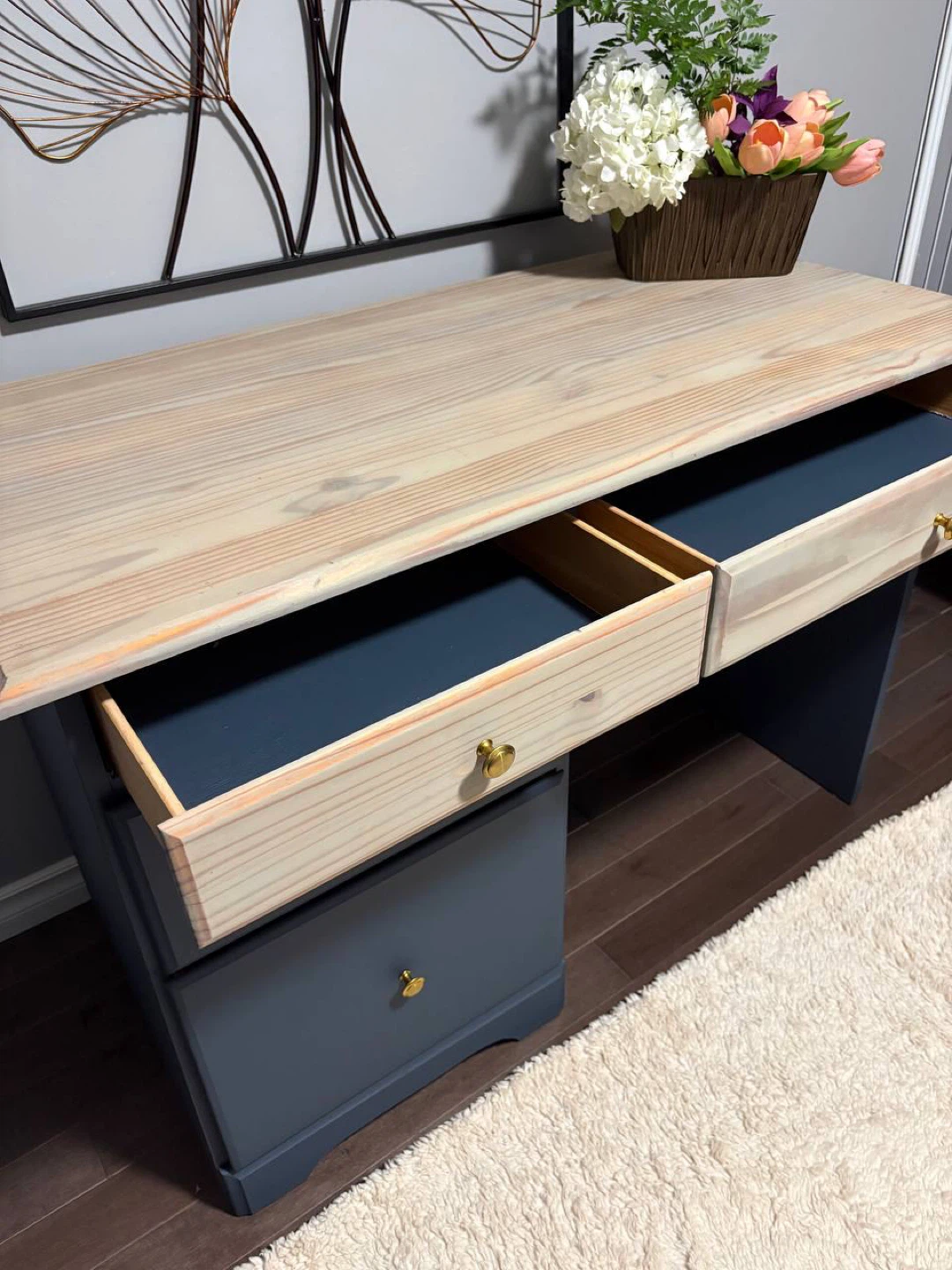 Refinished Wood and Navy Blue Desk with Drawers - photo 2