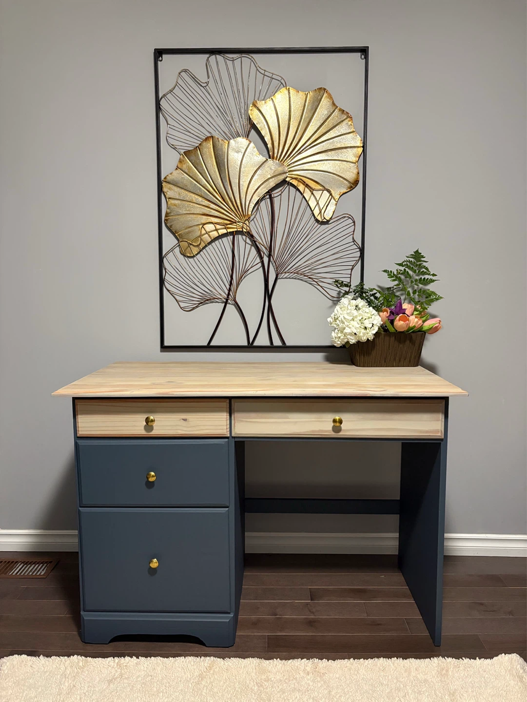 Refinished Wood and Navy Blue Desk with Drawers