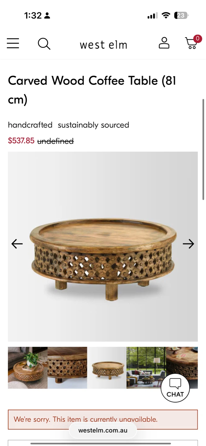 West Elm Carved Wood Coffee Table