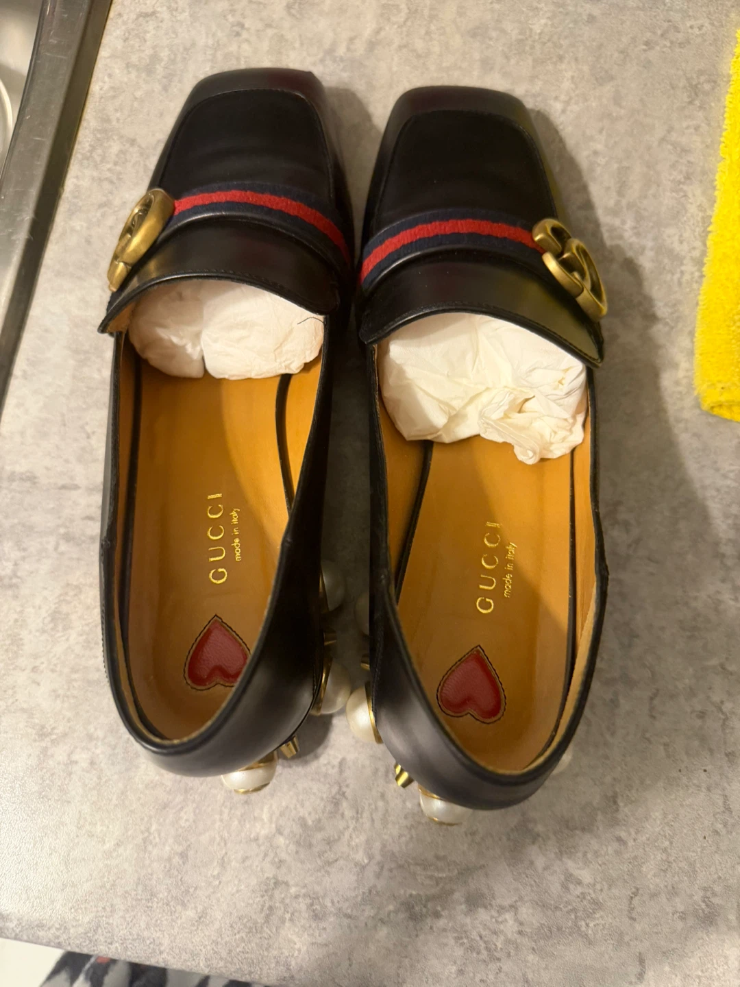 Gucci Black Leather Loafers with Pearl Embellishments