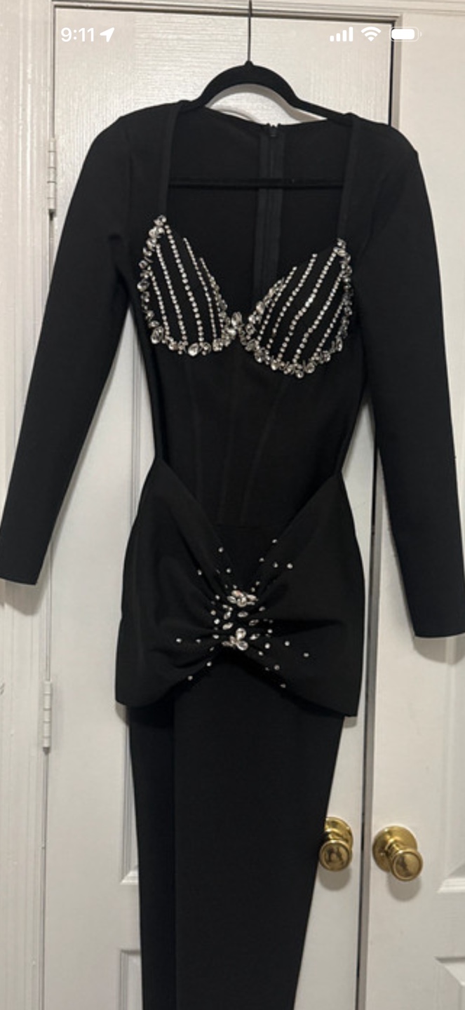 Black Long Sleeve Embellished Midi Dress