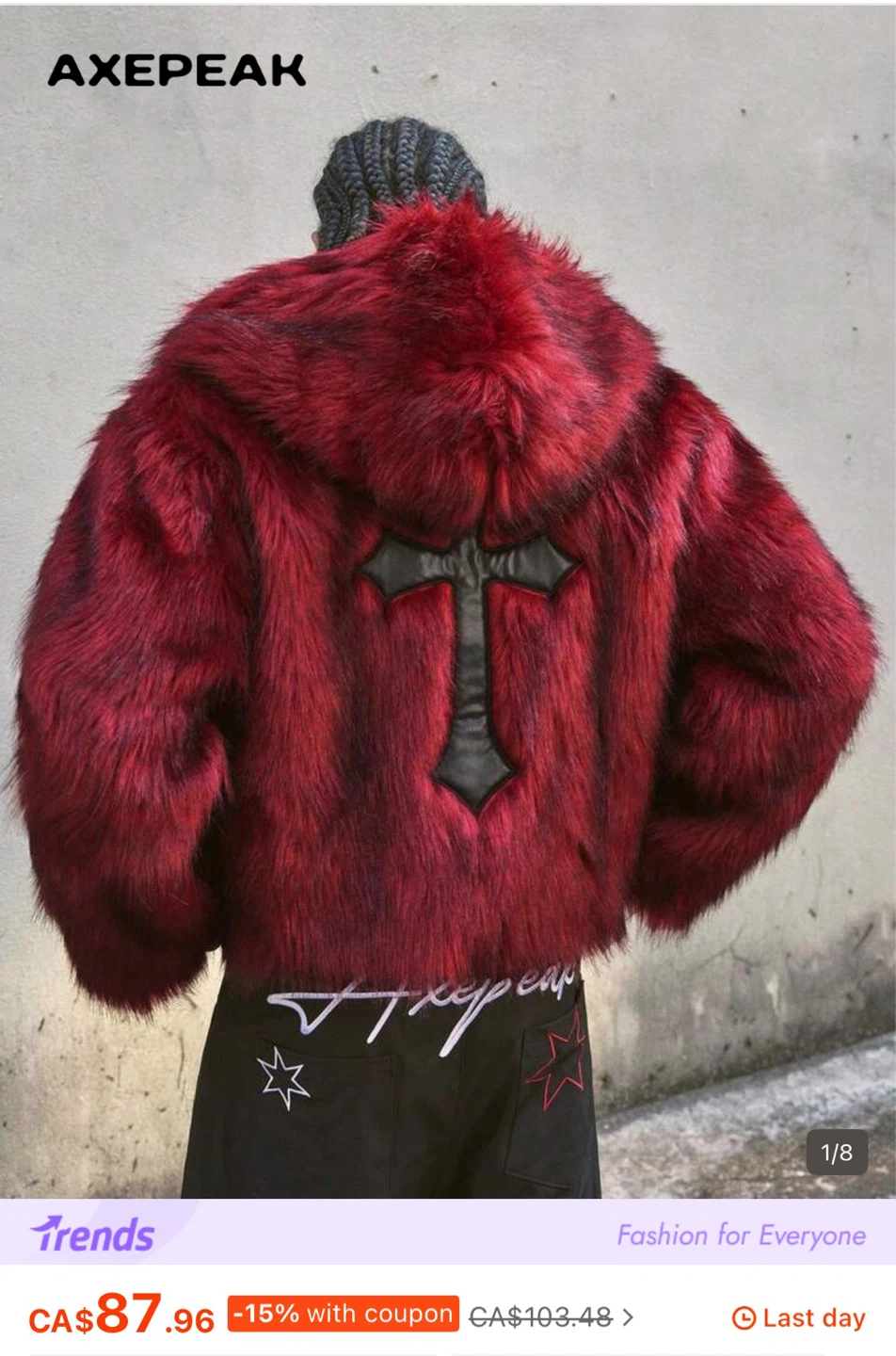 AXEPEAK Red Faux Fur Jacket with Cross Detail