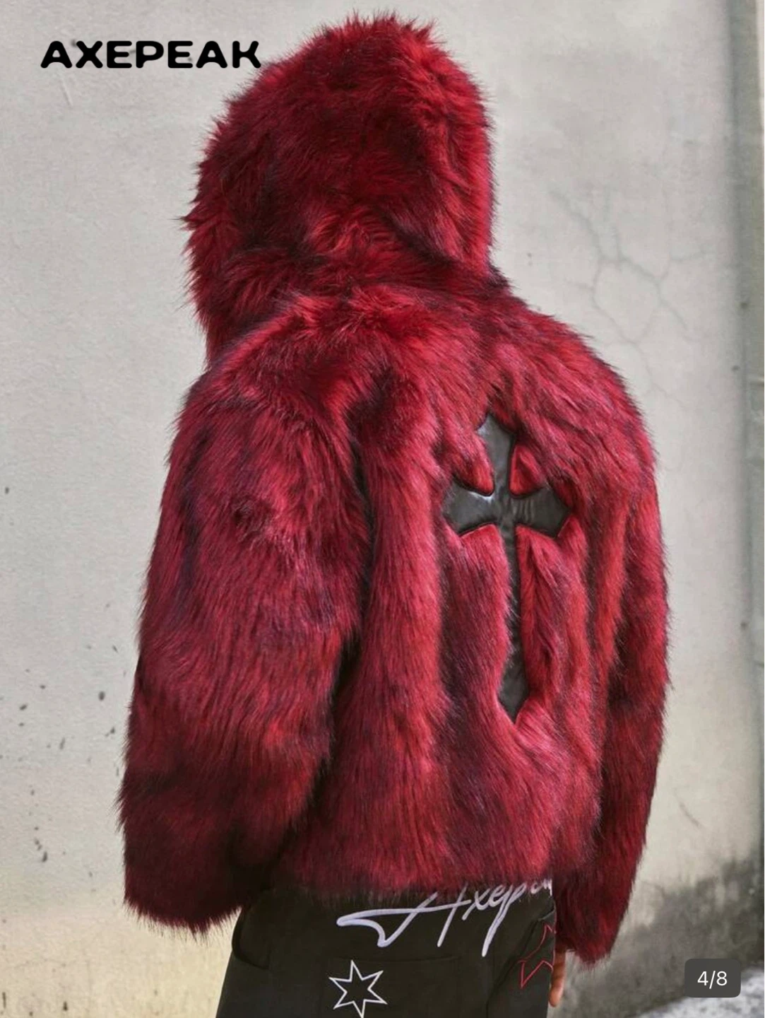 AXEPEAK Red Faux Fur Jacket with Cross Detail - photo 4