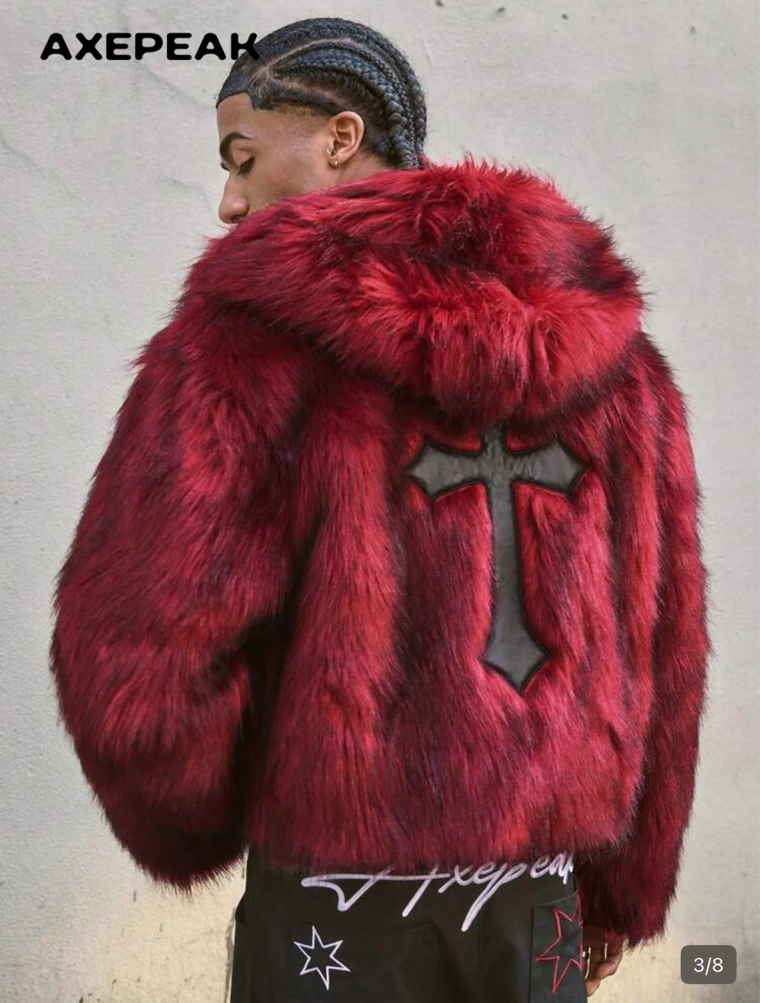 AXEPEAK Red Faux Fur Jacket with Cross Detail - photo 3
