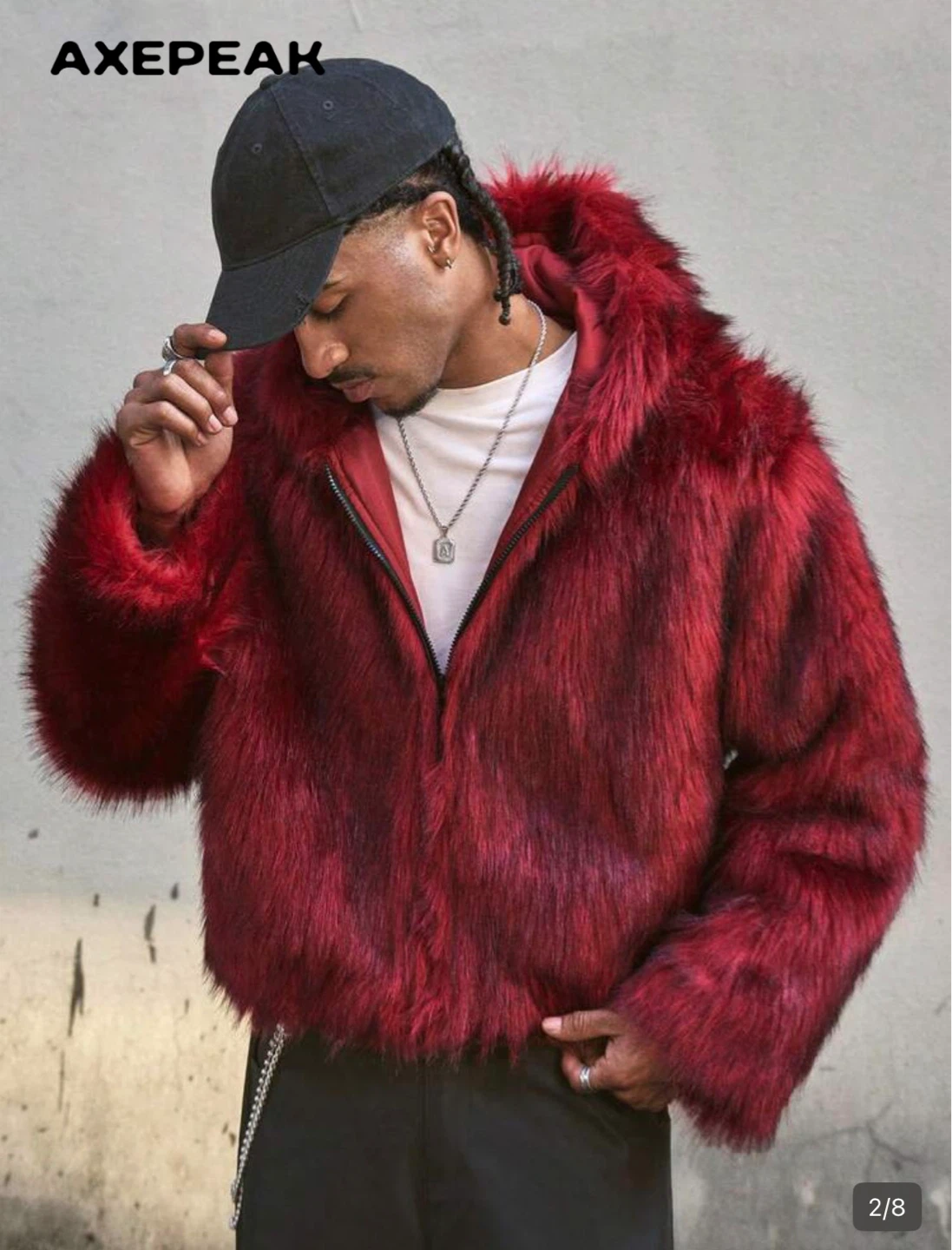 AXEPEAK Red Faux Fur Jacket with Cross Detail - photo 2