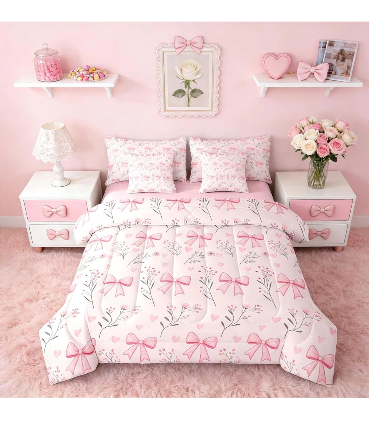 Pink Bow Floral Comforter Set - twin