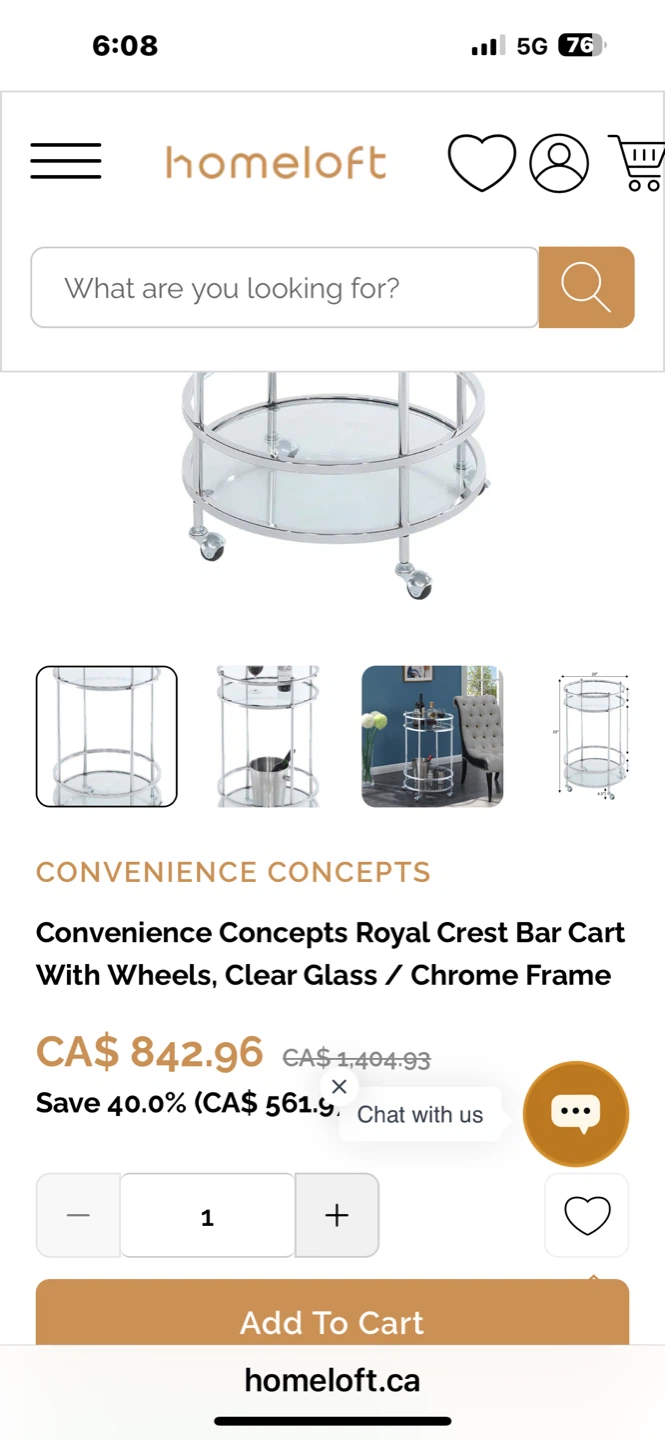 Convenience Concepts Royal Crest Bar Cart with Wheels - photo 3
