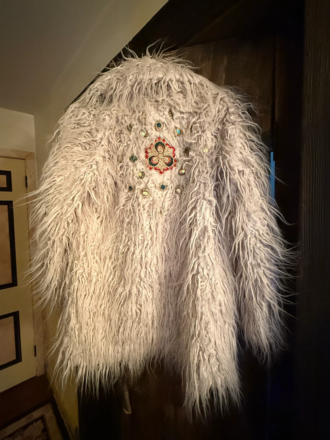 Shaggy Faux Fur Coat with Embellishments