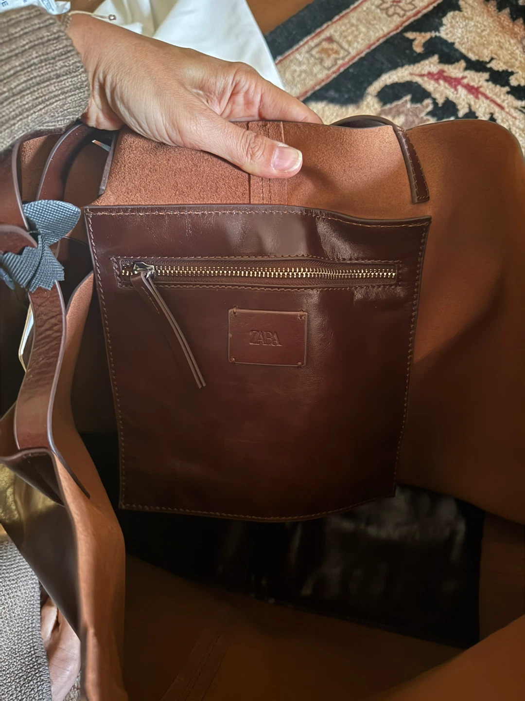 Zara Maxi Leather Tote Bag - Chocolate - photo 3