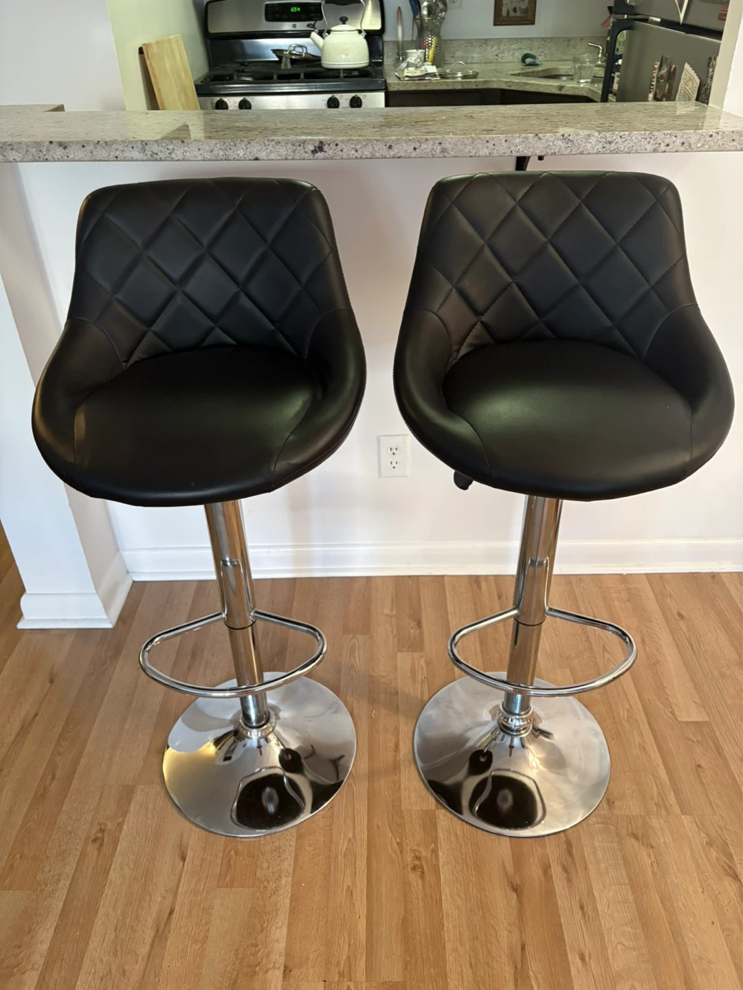 Black Adjustable Swivel Faux Leather Bar Stools - Set of 2
