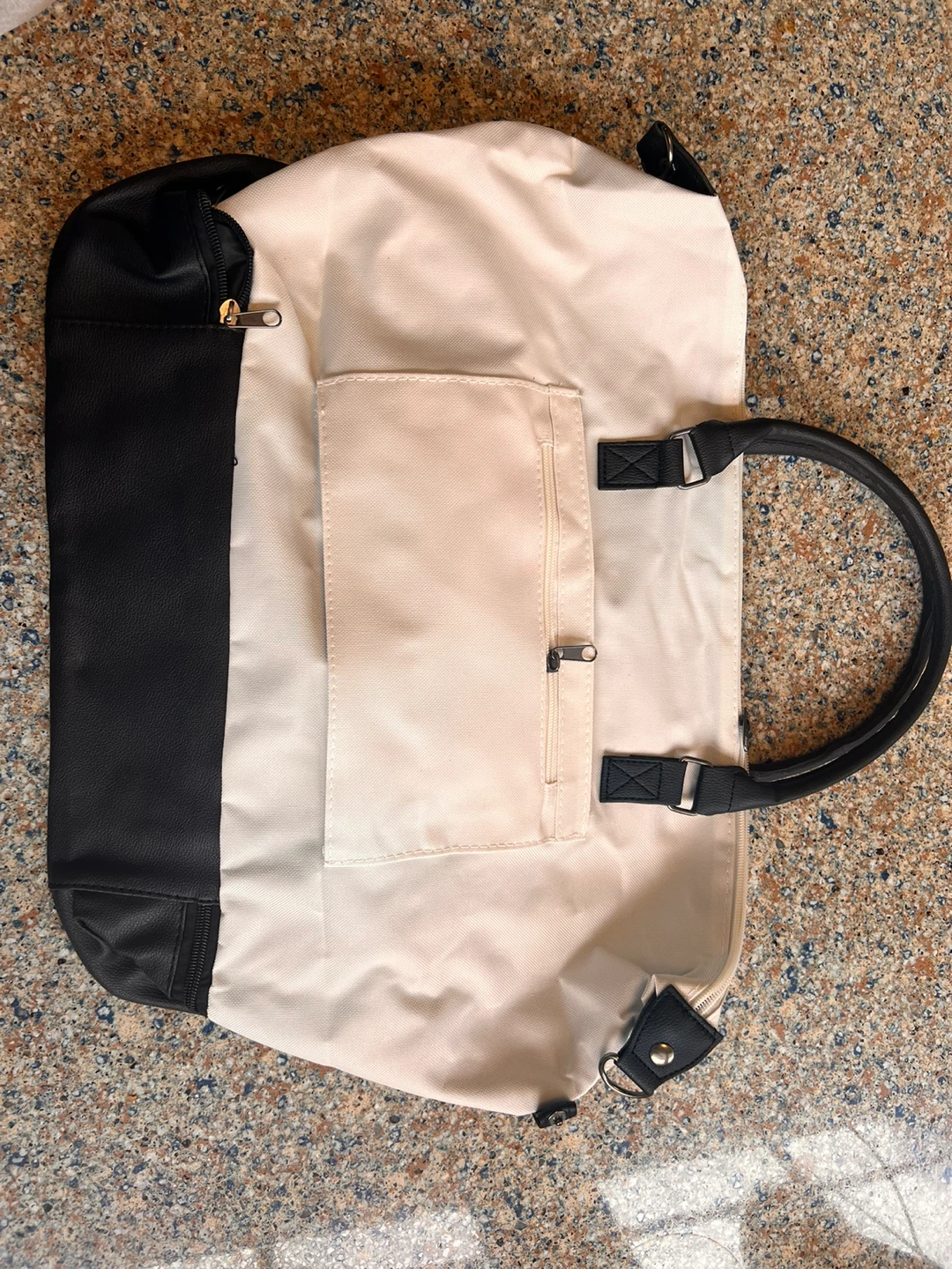 Cream and Black Canvas Tote Bag with Faux Leather Accents