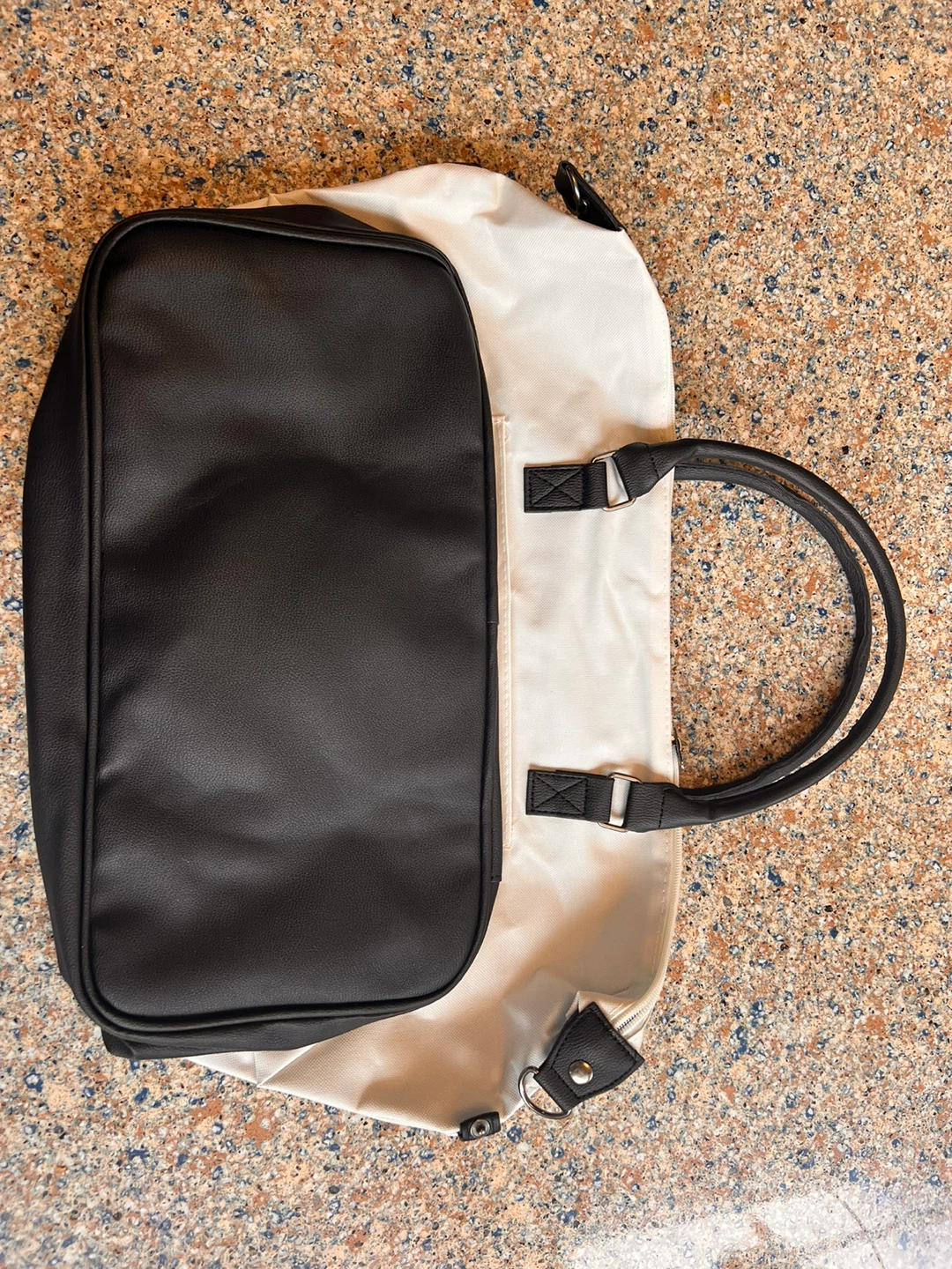 Cream and Black Canvas Tote Bag with Faux Leather Accents - photo 5