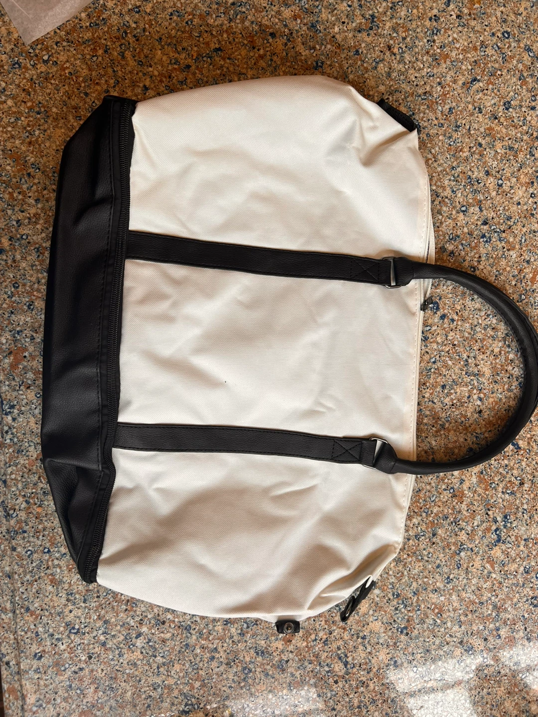 Cream and Black Canvas Tote Bag with Faux Leather Accents - photo 2