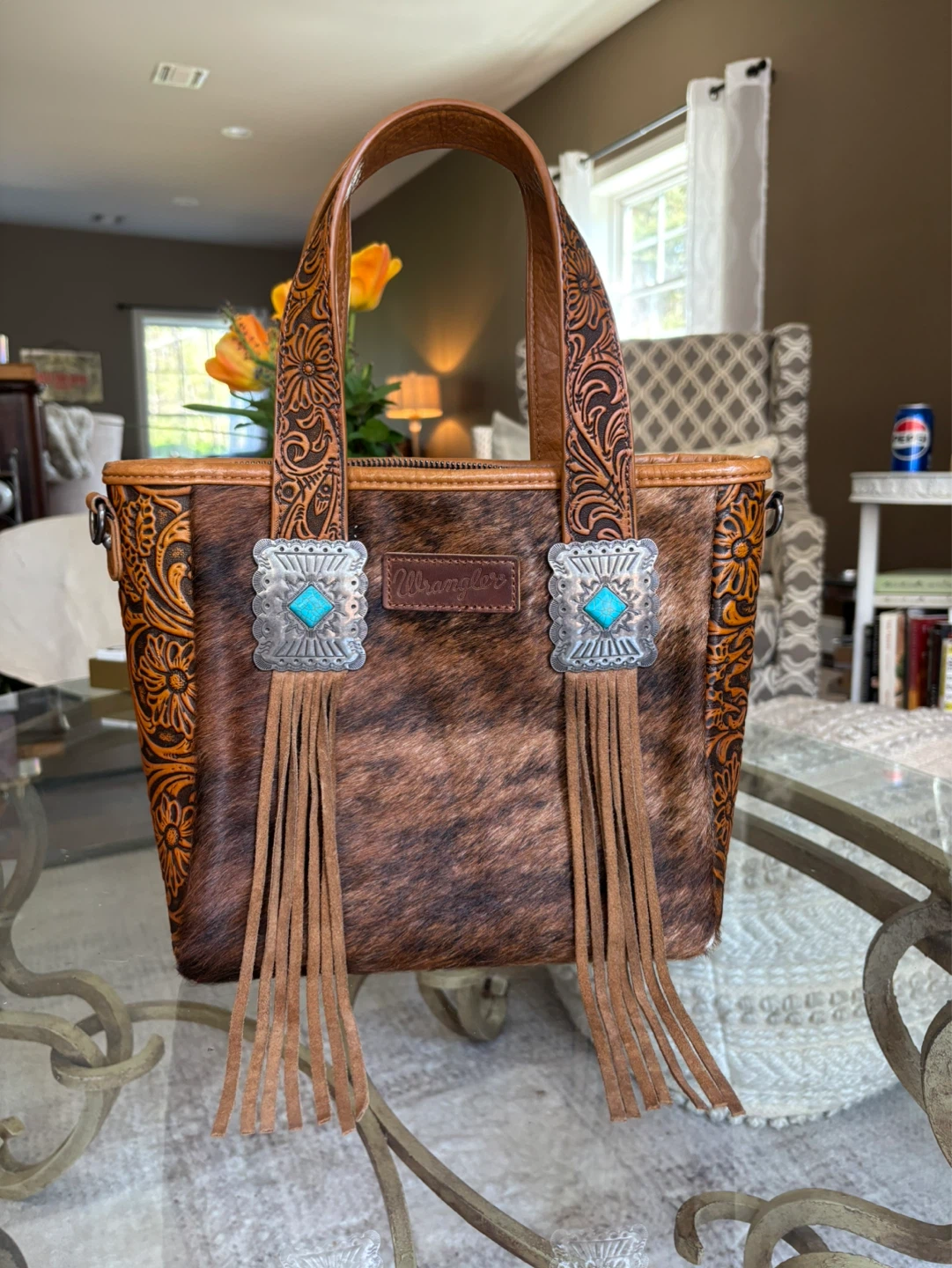 Wrangler Western Cowhide Tooled Tote Handbag