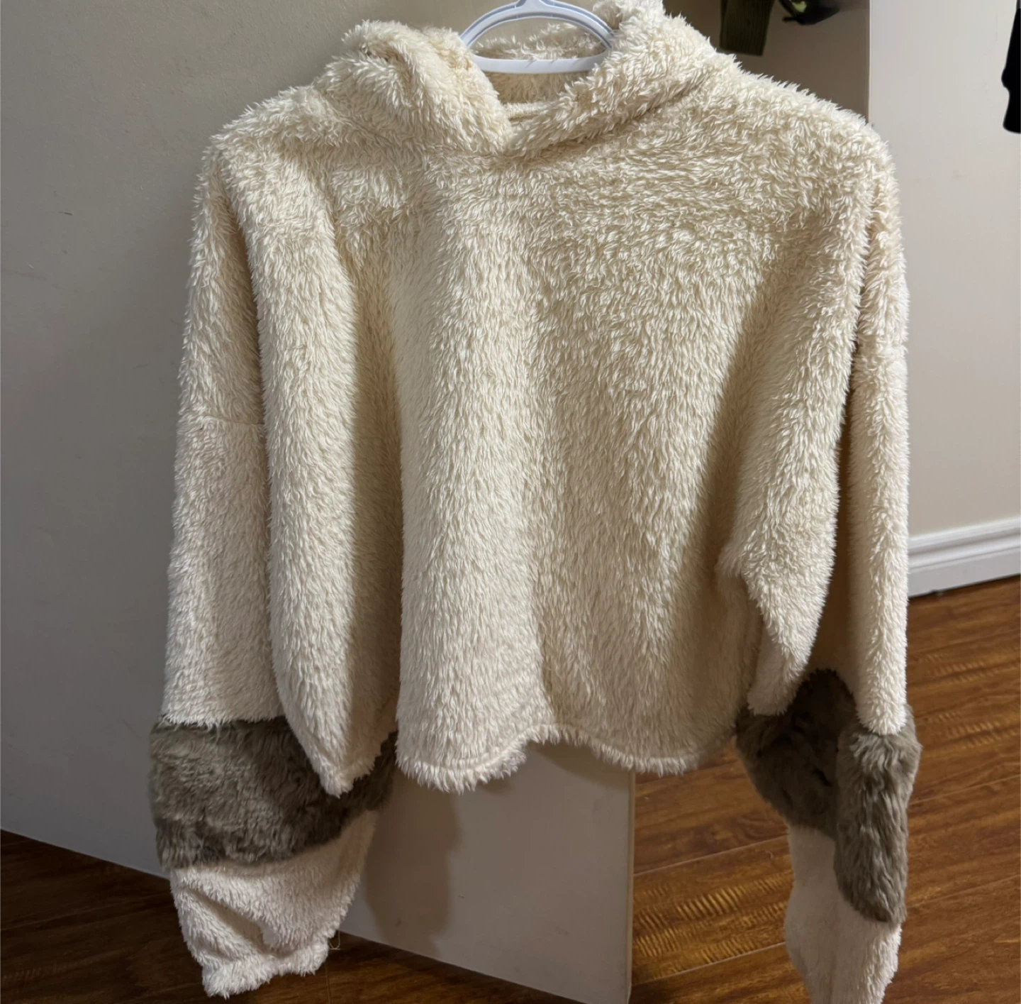 Cream Fuzzy Hoodie with Brown Cuffs