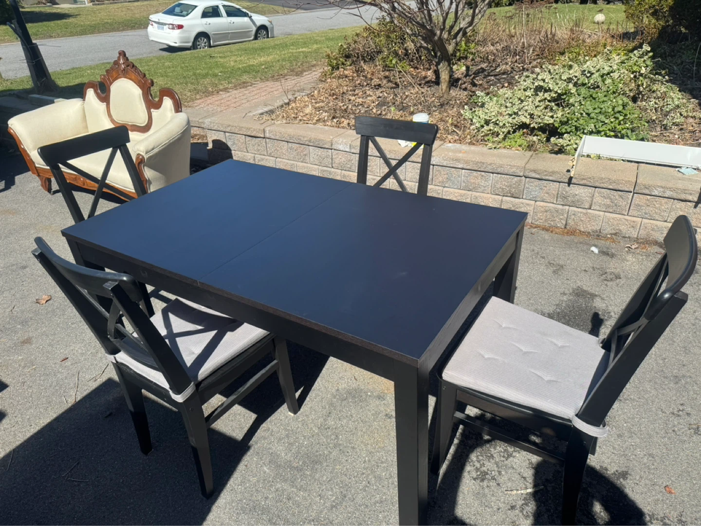 Ikea Black Dining Table and 4 Chairs with Grey Cushions