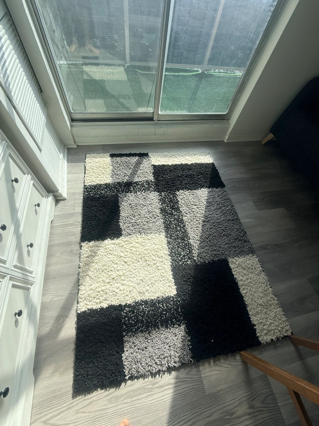 Shag Rug - Black, White, Grey Geometric Pattern