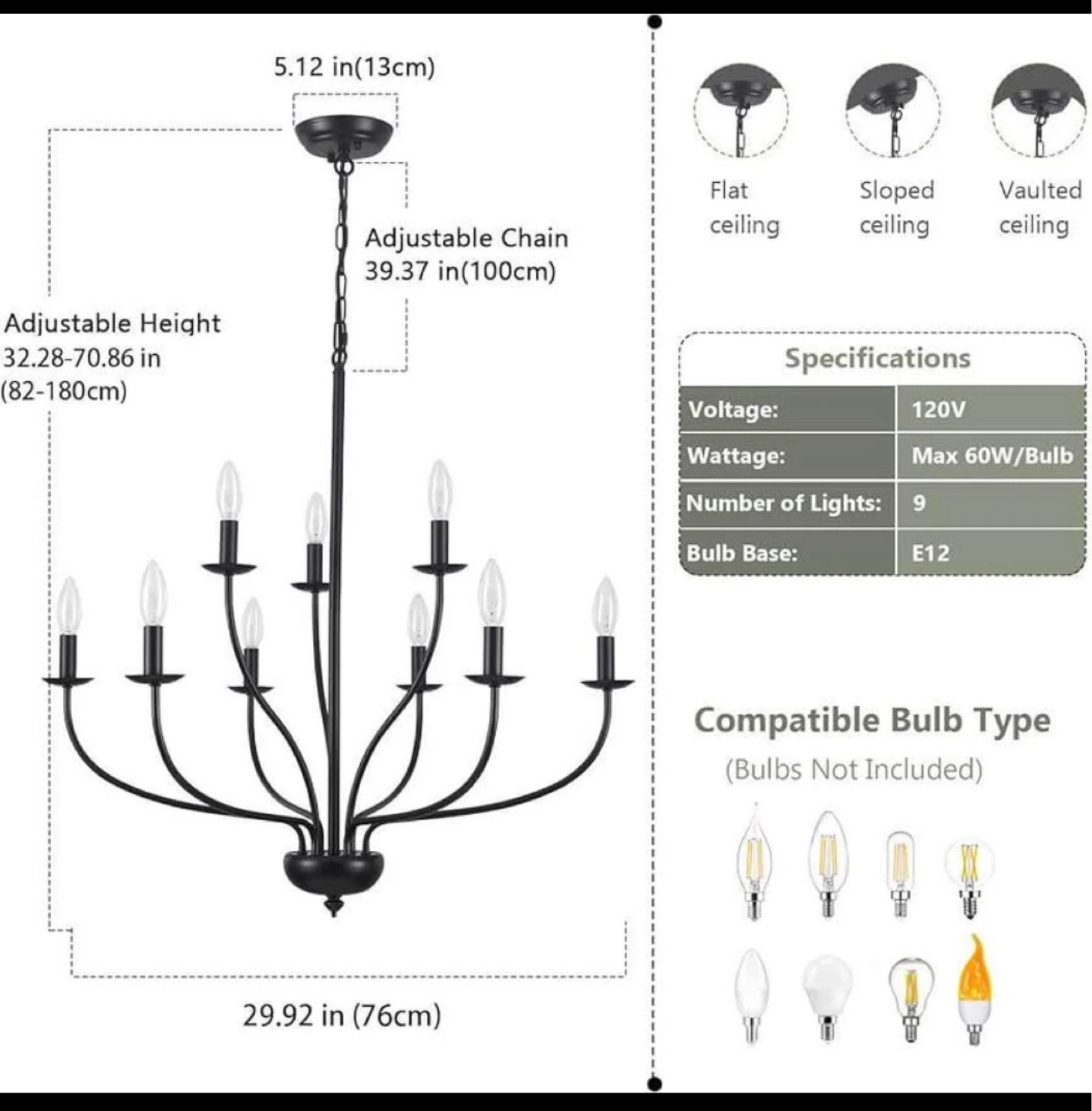 Black 9-Light Chandelier - photo 2