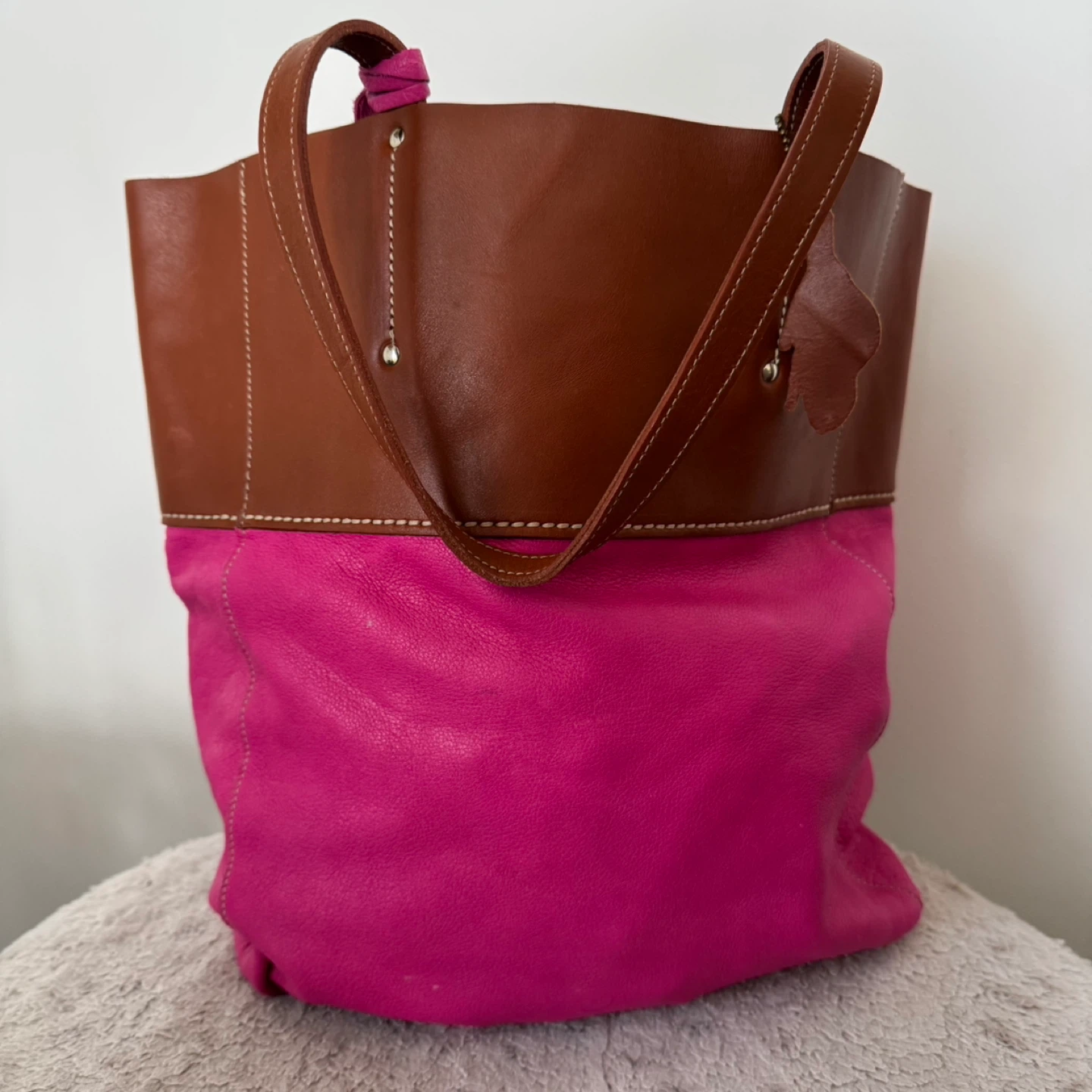 Roots Leather Tote Bag Pink & Tan