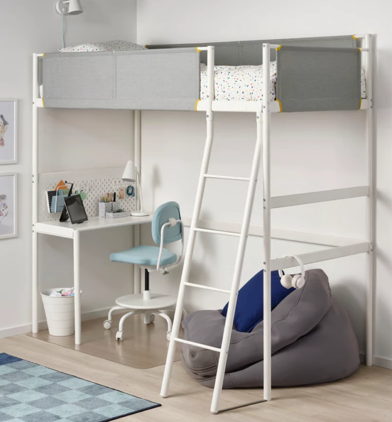 Loft bed frame with desk top, white/light gray. Twin