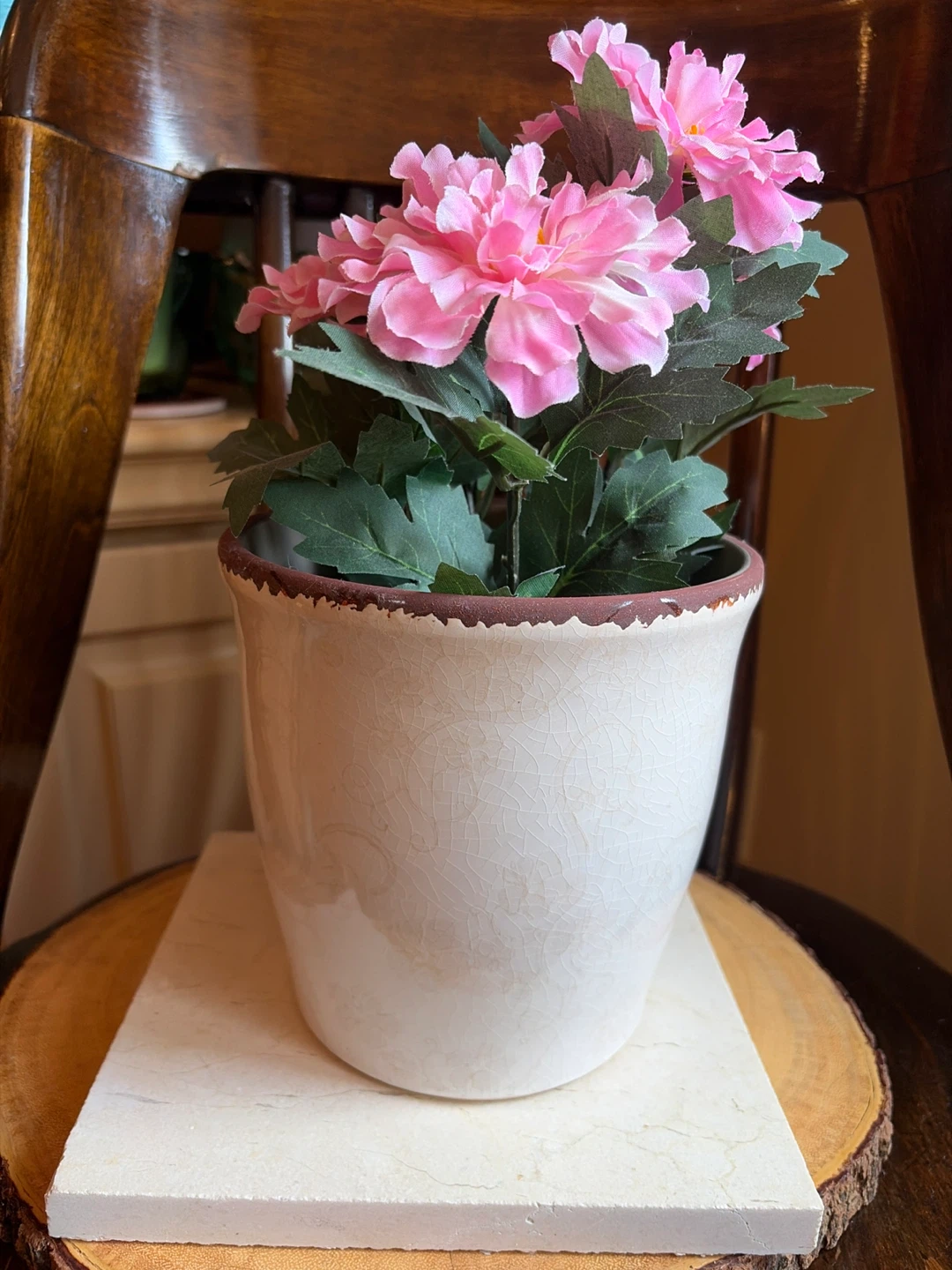 Crackle Vanilla Glazed Pot with Floral Details - photo 2